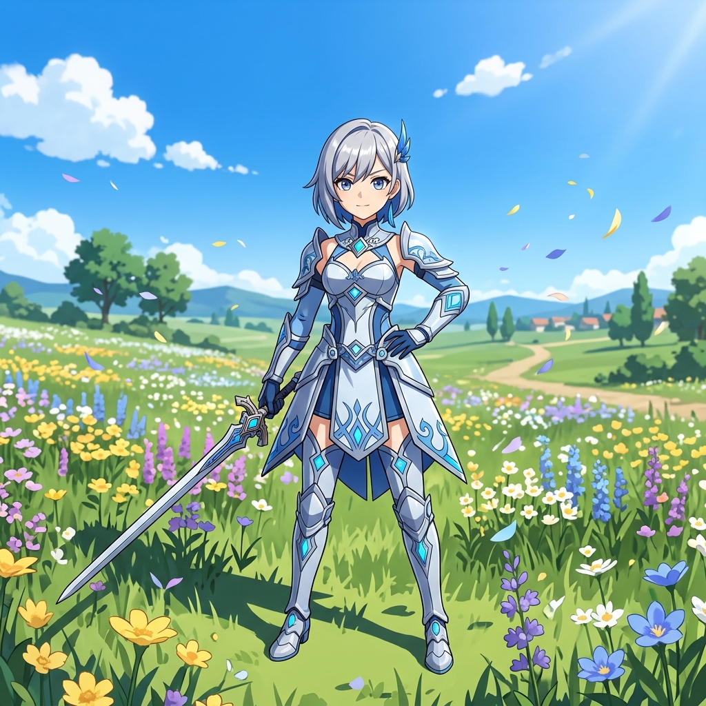 Cô gái anime 3D mặc giáp nhẹ. Cánh đồng hoa rực rỡ dưới bầu trời xanh. Trung cảnh (Medium shot). Ánh nắng rực rỡ, bóng đổ rõ nét. Phong cách: Anime 3D style (Genshin Impact). Hiệu ứng: Cánh hoa bay trong gió. Tỷ lệ: 16:9.