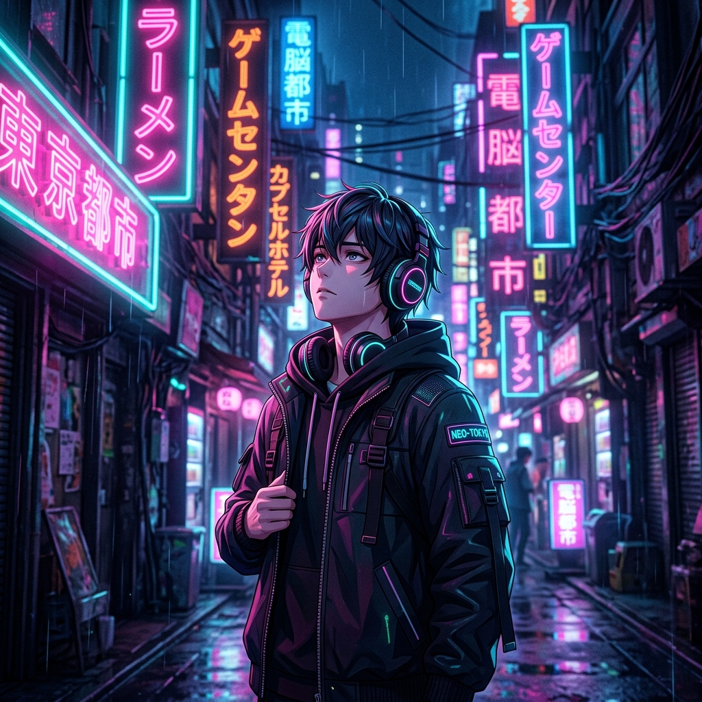 Chàng trai anime đeo tai nghe. Con hẻm Tokyo ngập tràn biển hiệu neon. Chiều sâu hun hút. Góc thấp nhìn lên (Low angle). Ánh sáng bảng hiệu hắt lên. Phong cách: Cyberpunk Anime 3D. Hiệu ứng: Mờ hậu cảnh (Bokeh neon). Tỷ lệ: 3:4.