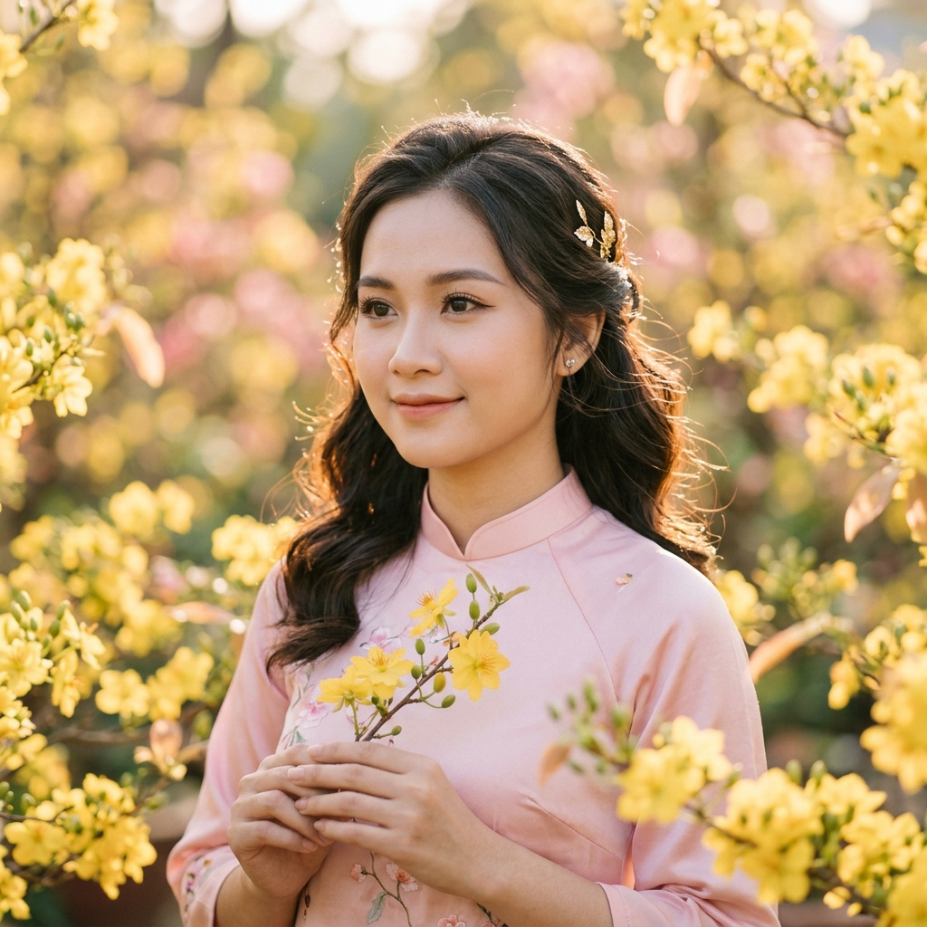 Cô gái Á Đông thanh lịch. Vườn hoa mai vàng mờ ảo. Cận cảnh, ven sáng ven tóc. Tone màu: Vàng ấm và hồng nhạt. Phong cách: Nhiếp ảnh chân dung nghệ thuật. Hiệu ứng: Cinematic, Depth of field nông. Tỷ lệ: 3:4.