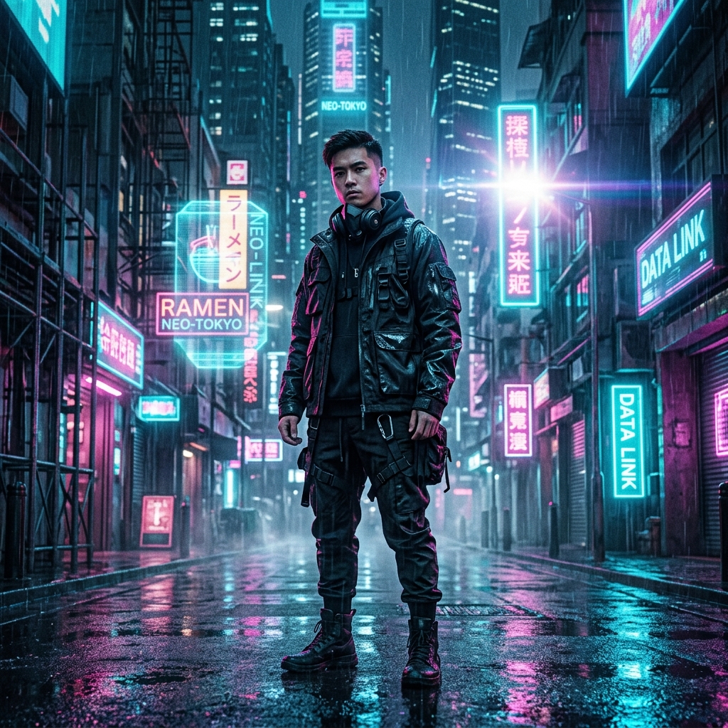 Chàng trai mặc áo khoác techwear. Thành phố Cyberpunk dưới mưa. Trung cảnh, góc thấp. Ánh sáng neon phản chiếu, độ tương phản cao. Phong cách: Sci-fi, Cyberpunk. Hiệu ứng: Lens flare, Glow. Tỷ lệ: 3:4.