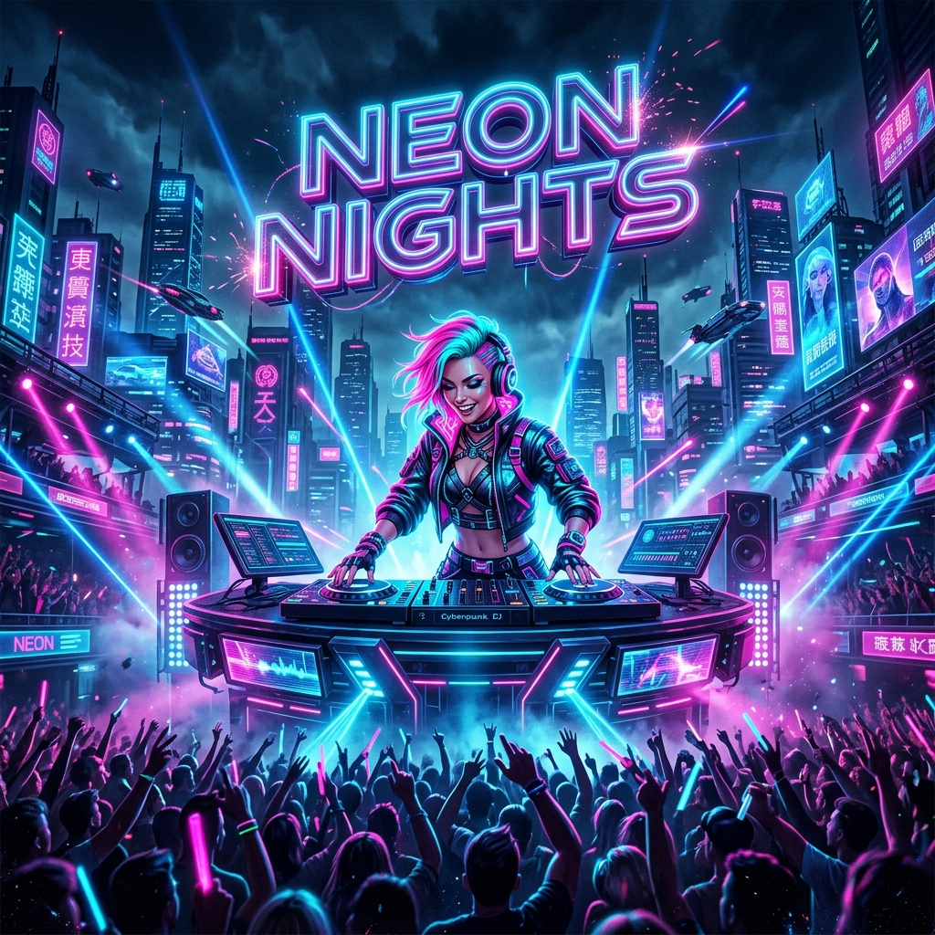Một nữ DJ mặc trang phục phong cách Cyberpunk, đang chơi nhạc. Sân khấu khổng lồ giữa thành phố tương lai ngập tràn biển neon, khán giả đông đúc. Góc thấp, khung hình toàn cảnh. Ánh sáng neon tương phản mạnh. Tỷ lệ: 3:4.