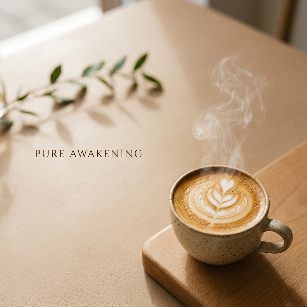 Một ly cà phê latte nghệ thuật đang bốc khói. Không gian trống (Negative space), bóng đổ nhẹ. Bố cục 1/3. Góc chụp từ trên xuống 45 độ, Cận cảnh. Phong cách: Minimalist Poster. Tỷ lệ: 3:4.