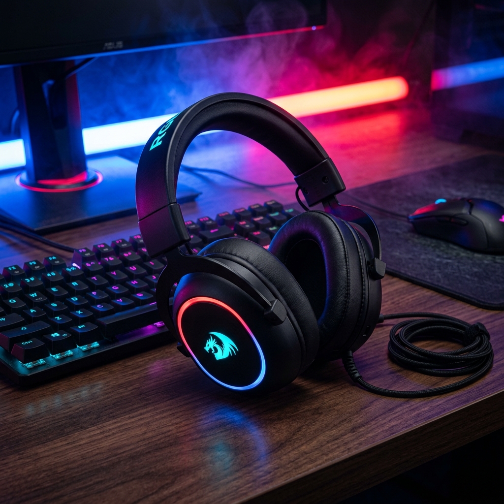 Tai nghe gaming LED RGB. Bàn làm việc tối màu, bàn phím cơ. Góc ngang (Eye-level). Đèn LED neon hắt từ sau (backlight). Tone màu: Đen, Đỏ, Xanh lam. Phong cách: Gaming, Công nghệ cao. Tỷ lệ: 4:5.