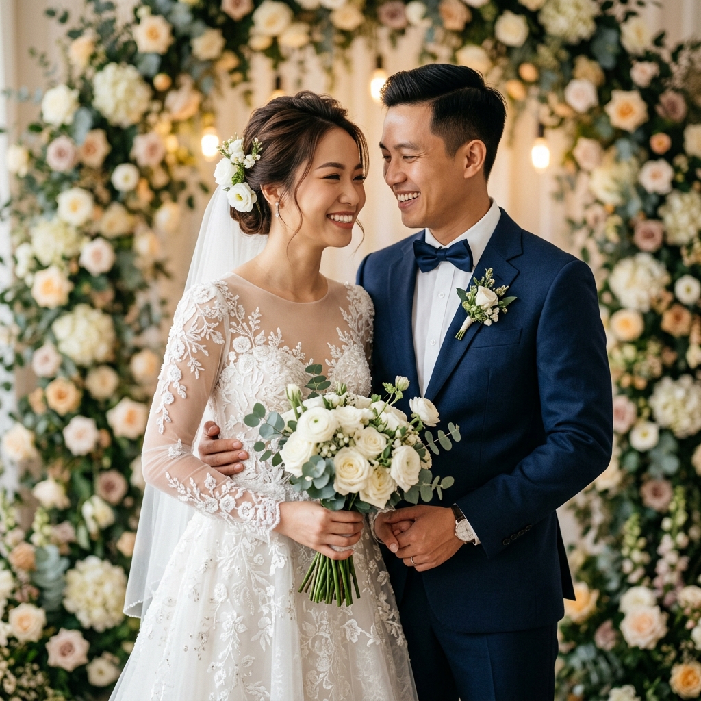 Ảnh cưới nghệ thuật lãng mạn của cặp đôi tạo bởi AI