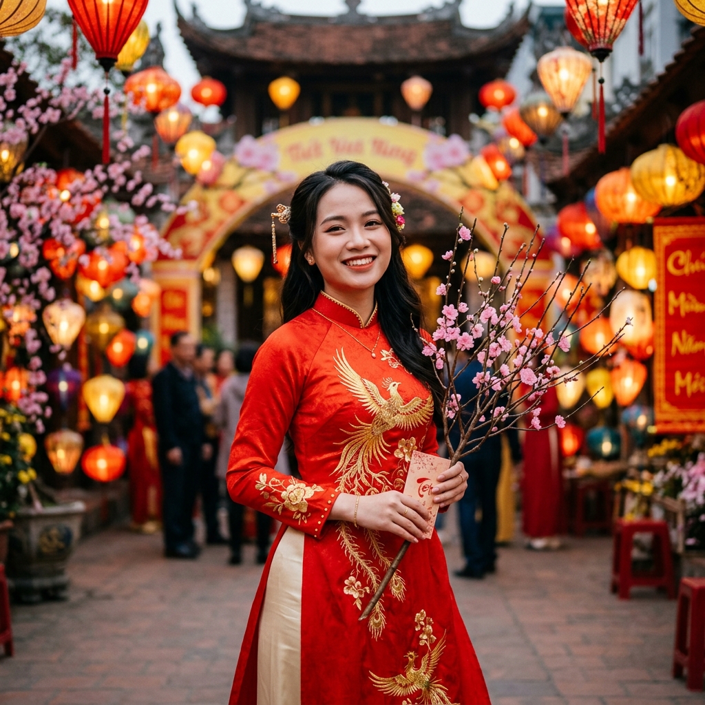 Cô gái Việt Nam trong trang phục áo dài truyền thống ngày Tết